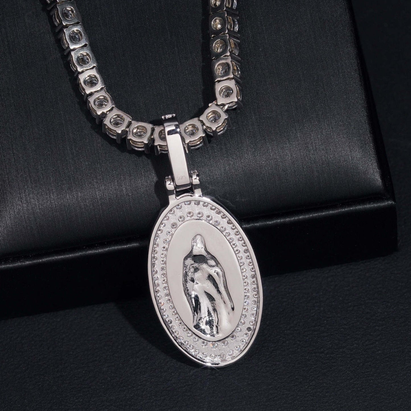 1.8” Virgin Mary Pavé Halo Medallion Pendant