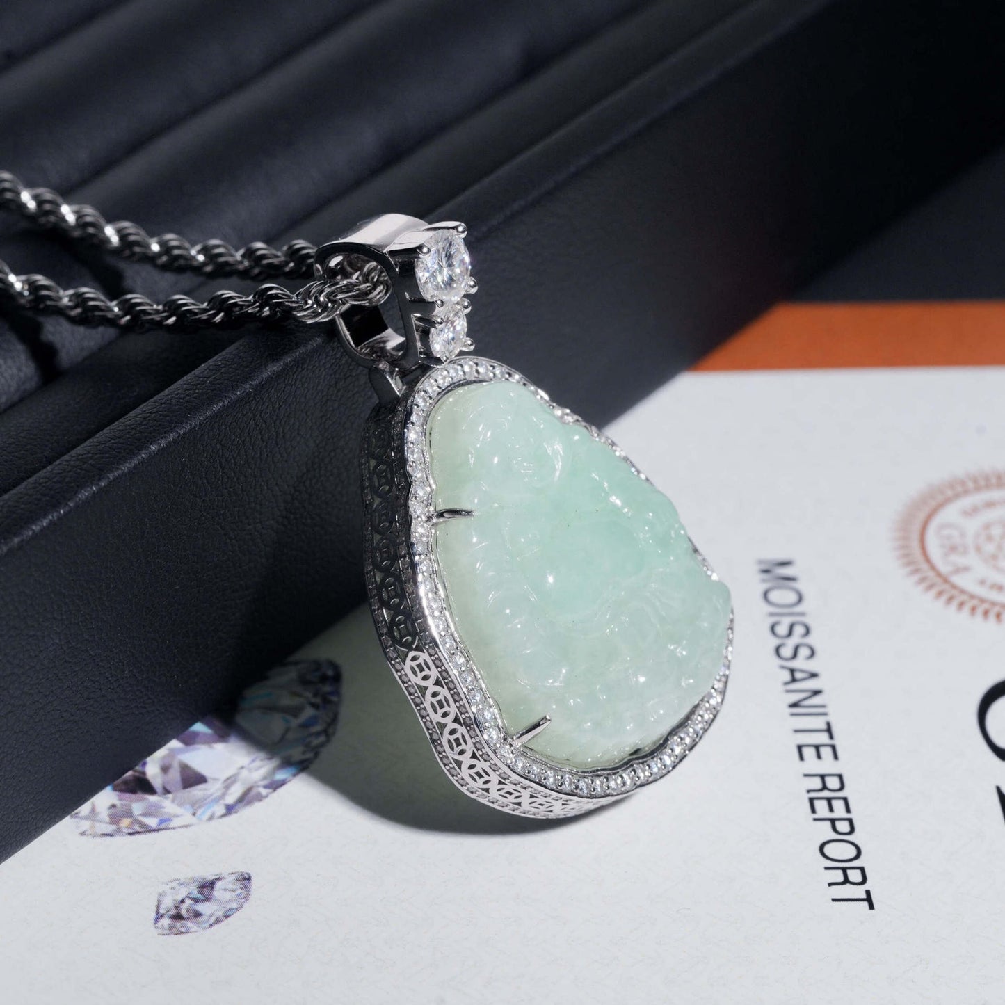 1.8” Jade Buddha Pavé Halo Pendant