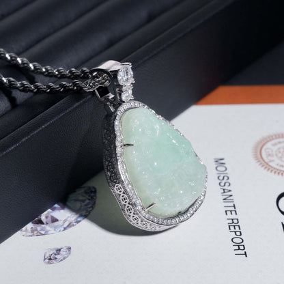 1.8” Jade Buddha Pavé Halo Pendant