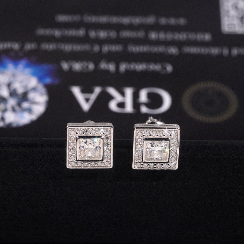 9mm Princess Cut Pavé Halo Stud Earrings