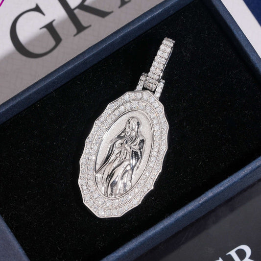 1.8” Virgin Mary Pavé Halo Medallion Pendant