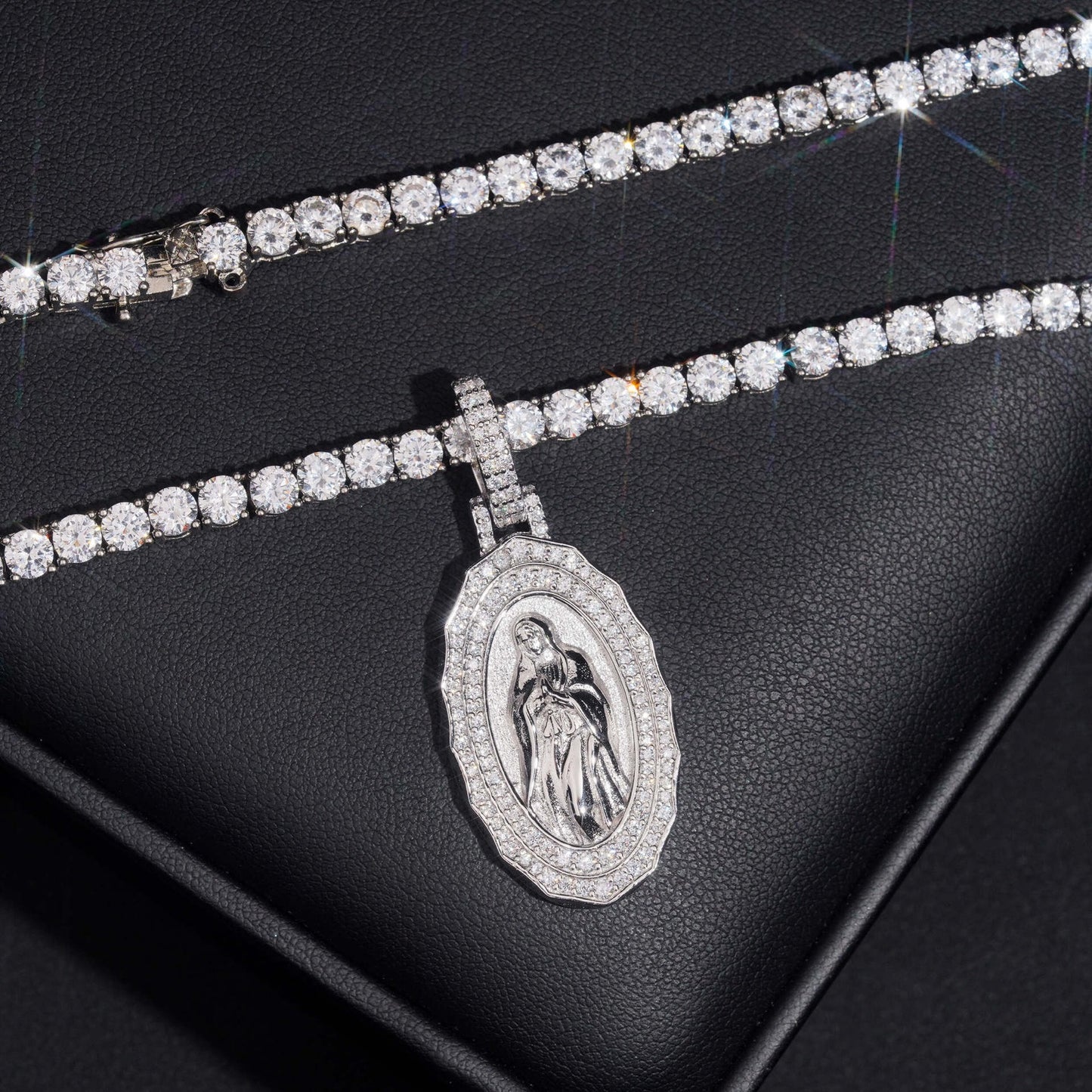 1.8” Virgin Mary Pavé Halo Medallion Pendant