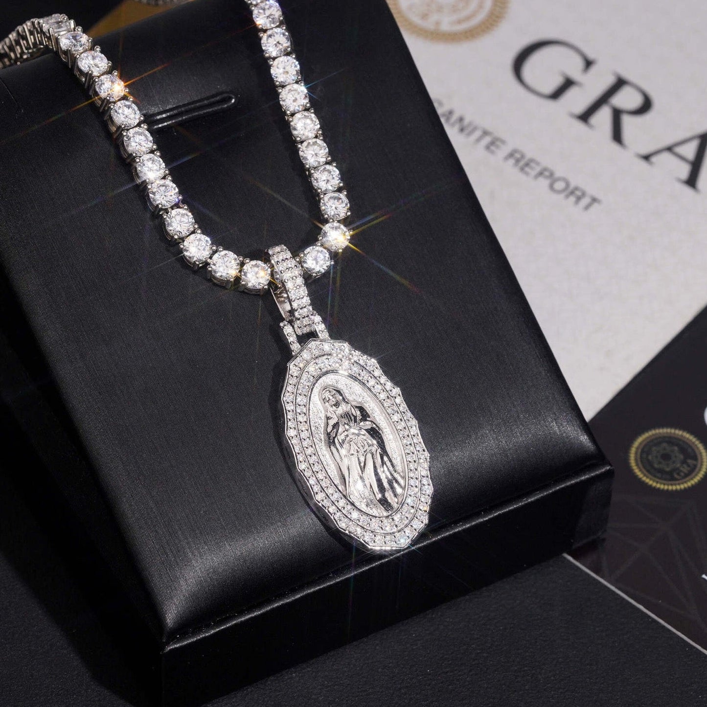 1.8” Virgin Mary Pavé Halo Medallion Pendant