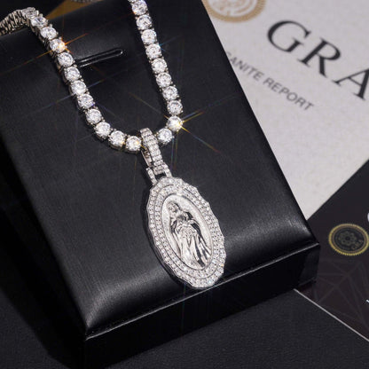 1.8” Virgin Mary Pavé Halo Medallion Pendant