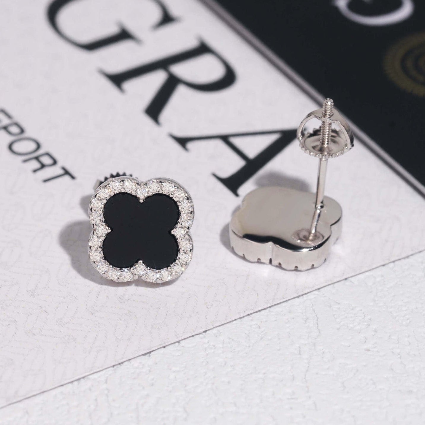 9.5mm Black Onyx Clover Stud Earrings